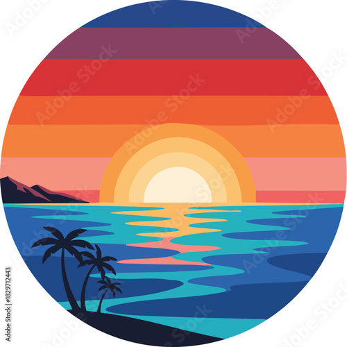 Vibrant Retro Sunset Over Tropical Ocean with Palm Trees in Circle Graphic