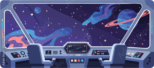 View from Spaceship Cockpit into Deep Space with Planets and Nebulae