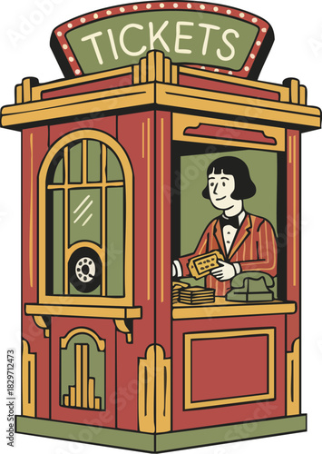 Vintage Style Ticket Booth with Attendant Selling Entry Passes