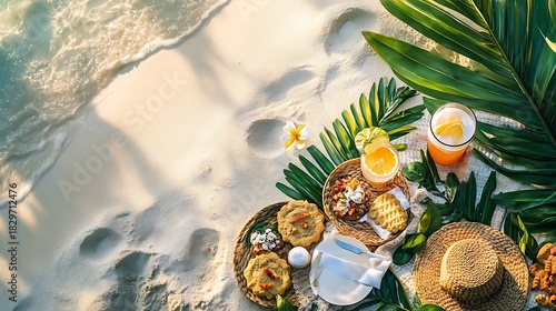 A picnic spread with tropical leaves cookies and refreshing drinks on beach