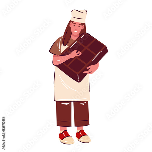 Female chef holding a huge chocolate bar in flat cartoon style with bold chocolate details and glossy accents highlighting the large chocolate shape, vector illustration.