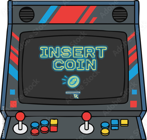 Retro Arcade Game Machine with Insert Coin Prompt and Joysticks