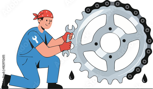 Mechanic Repairing Large Sprocket and Chain with Wrench Iconography