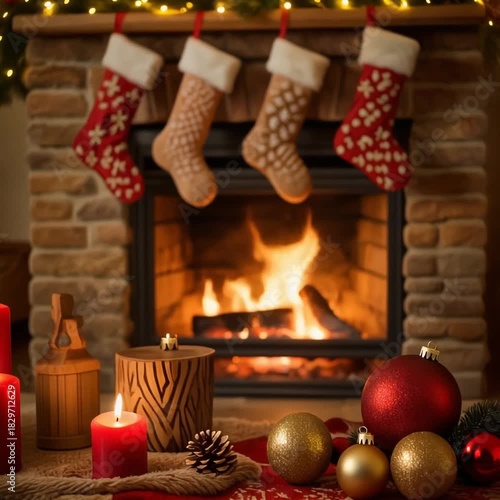 Wallpaper Mural Cozy Christmas Fireplace Scene Festive stockings, burning fire, ornaments, and candlelit ambiance for holiday cheer Torontodigital.ca