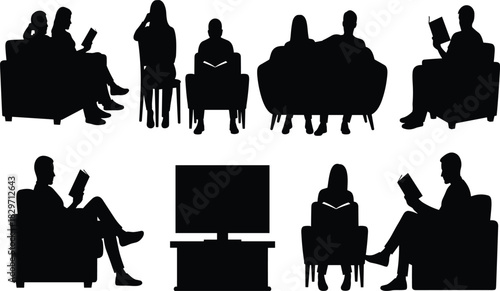 Silhouette of people reading books and watching television, relaxing on sofa and chairs, indoor activity, modern family lifestyle concept