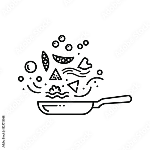 Frying Pan with Tossed Vegetables & Ingredients - Line Art Cooking Icon