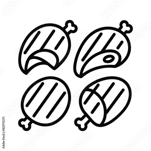 Grilled Meat Cuts Outline Icons: Chicken Legs, Thighs, Steak, and Roasts