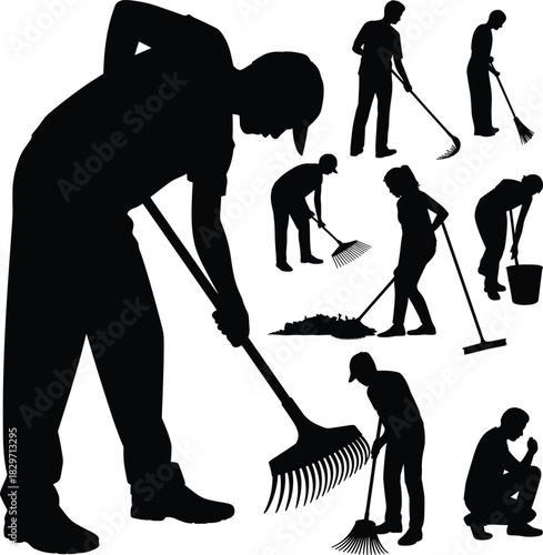 Silhouette of people raking, cleaning, and gardening outdoors, work with rake and broom, labor force, seasonal tasks, yard work, teamwork, landscaping activities
