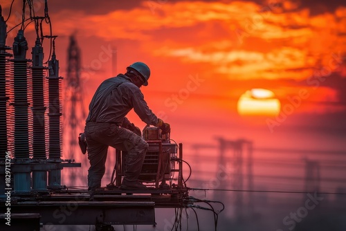 Electrician works on a transformer at sunset, wearing safety gear. Illustrates energy, infrastructure, and the importance of skilled labor.