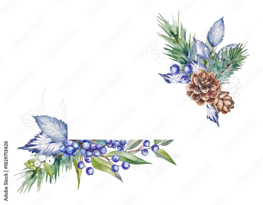Fototapeta premium Watercolor winter frame with hand-painted fir and leaf branches, fir cones, berries, snowberry, and silver elements on a transparent background.