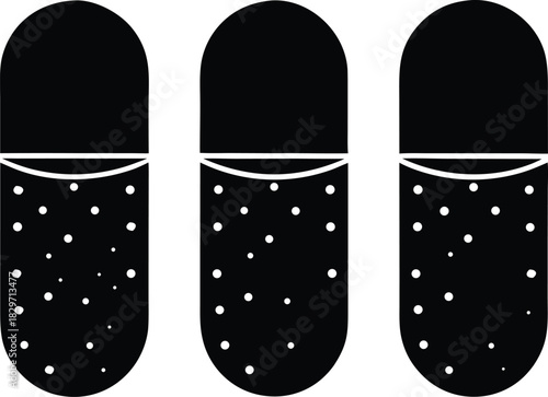 Three pharmaceutical capsule pills representing medication and healthcare elements silhouette vector illustration