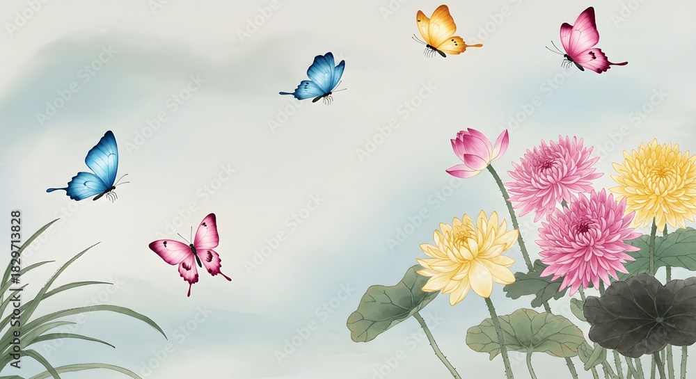 Fototapeta premium Artistic depiction featuring butterflies above vibrant flowers