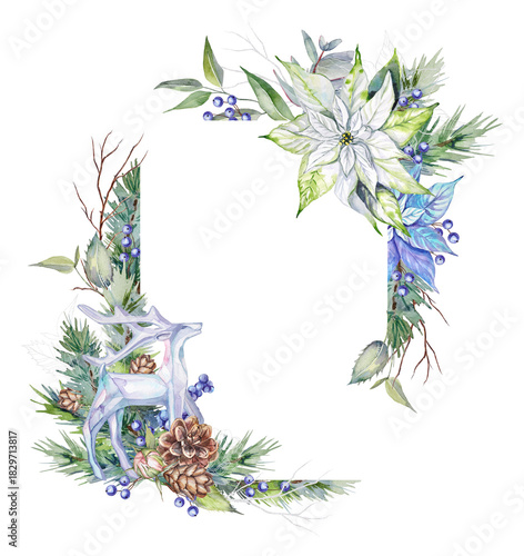 Watercolor Christmas frame with hand-painted spruce branches and cones, a deer figurine, white and blue poinsettias, eucalyptus, berries, dry branches, and silver elements on a transparent background.