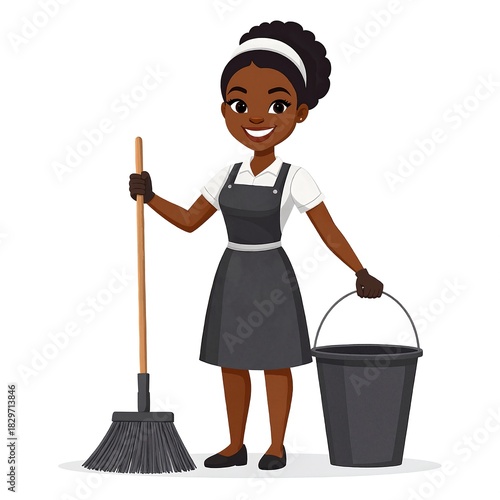 A cheerful woman wearing a colorful apron and a matching hat stands outdoors, holding a broom, ready to sweep leaves from a sunny garden path.