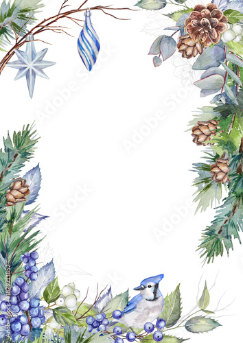 Watercolor Christmas frame with hand-painted spruce branches and cones, a blue jay, Christmas tree decorations, eucalyptus, berries, dry branches, and silver elements on a transparent background.