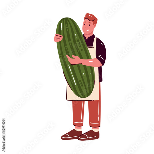 Smiling chef in apron holding huge green cucumber as fresh harvest symbol of organic farming and healthy lifestyle, cartoon character in simple style, flat vector illustration.