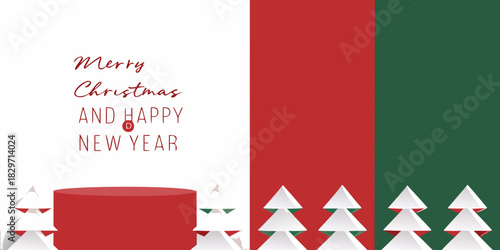 Merry christmas and happy new year greeting with festive trees and podium