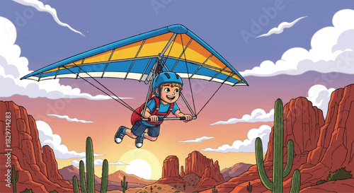 Boy Hang Gliding Over Desert Landscape.