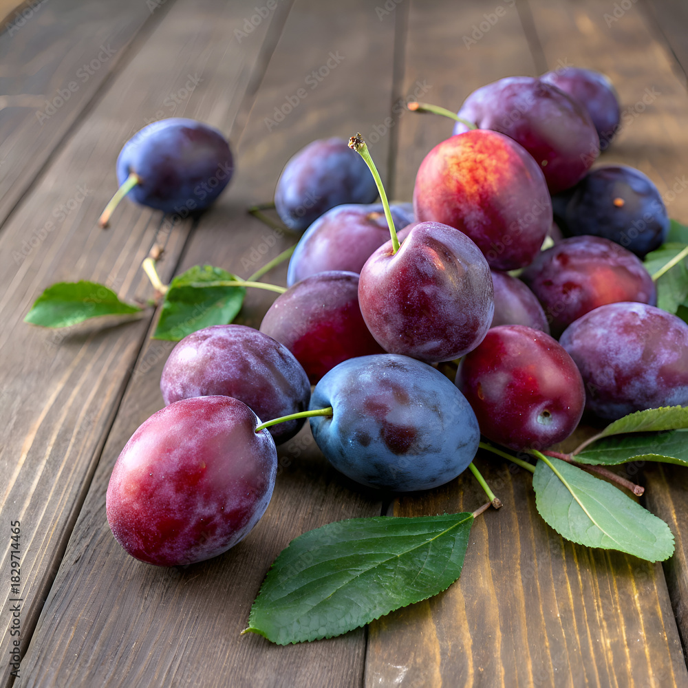 Obraz premium A group of fresh plums with stems and green leaves arranged on a rustic wooden surface table top