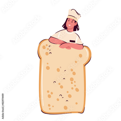 Female baker holding a huge bread slice in flat cartoon style, with crisp loaf texture and soft crumb details, emphasizing the oversized toast shape, vector illustration.