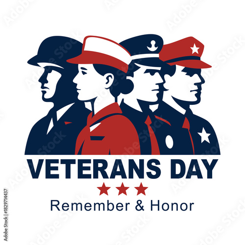 Veterans Day tribute illustration featuring military personnel silhouettes and patriotic colors — honor, remembrance, celebration graphic for prints and media