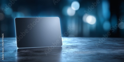 A blank gift card mockup with a subtle, luminous glow from its edges (as if LED-lit), resting on a dark, polished counter