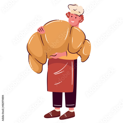 Male chef holding a huge croissant in flat cartoon style, with crisp pastry texture and buttery croissant accents highlighting the oversized baked shape, vector illustration.