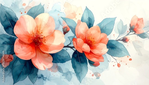 Watercolor florals soft peach blossoms nestled amongst teal foliage on a textured, light background