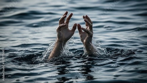 Man hands drowning in water, reaching for help. Concept of danger, struggle, and desperation. Save me from dark problem.