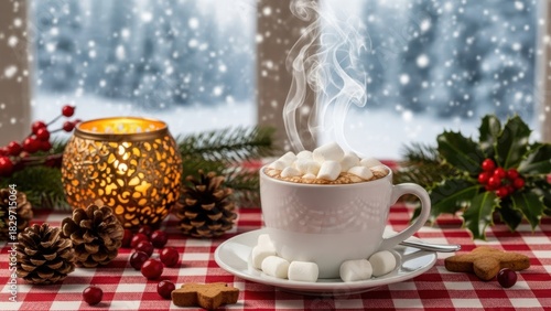 Wallpaper Mural Steaming cup of cocoa with marshmallows on a table with Christmas decoration and falling snow outside window. Winter holiday drink. Torontodigital.ca