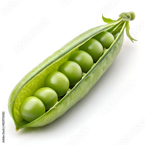 A close up shot of a green pea pod filled with six peas on a white background in bright light