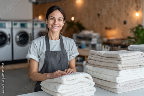Smiling woman at a laundromat with towels and washing machines. Perfect for advertising laundry services, cleaning products, or hospitality.