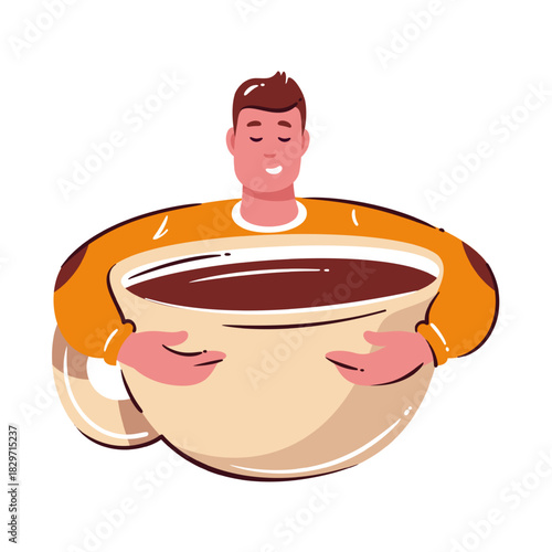 Huge coffee cup held by relaxed man in simple cartoon doodle style with warm cozy vibe and drawn soft details. Vector illustration with smooth lines and bold shapes.