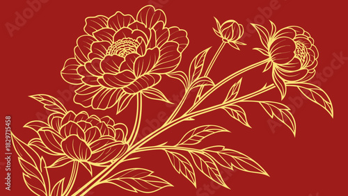 Elegant golden floral design with blooming peonies on a deep red background illustration art work