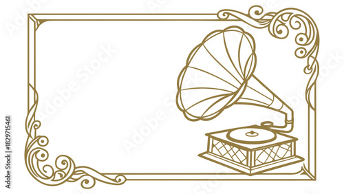 Vintage gramophone with horn speaker inside a decorative frame with floral swirl corner accents