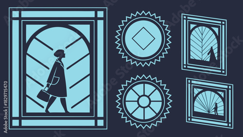 Illustration of a woman walking with a bag and various framed geometric shapes and scenes displayed