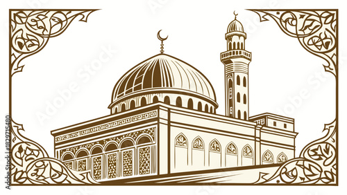 Illustration of a mosque with a dome and minaret framed by decorative floral elements design art