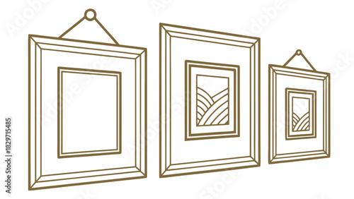 Three framed pictures hanging on a wall with varying sizes and landscape art in two of the frames
