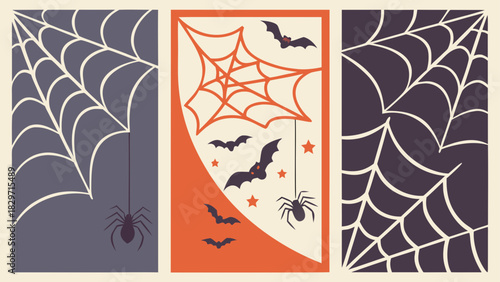 Halloween themed panels featuring spiderwebs spiders and bats in a vintage style for spooky season decor
