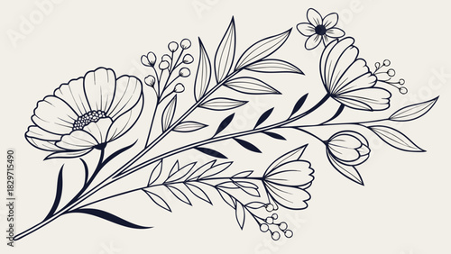 Elegant floral arrangement featuring detailed line art of various flowers and foliage elements design