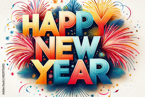Fireworks and Text for Happy New Year With AI