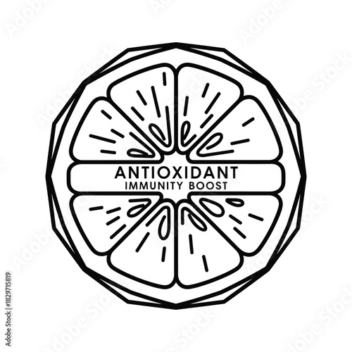 Black and white line art logo design of a citrus fruit slice with text antioxidant immunity boost isolated on