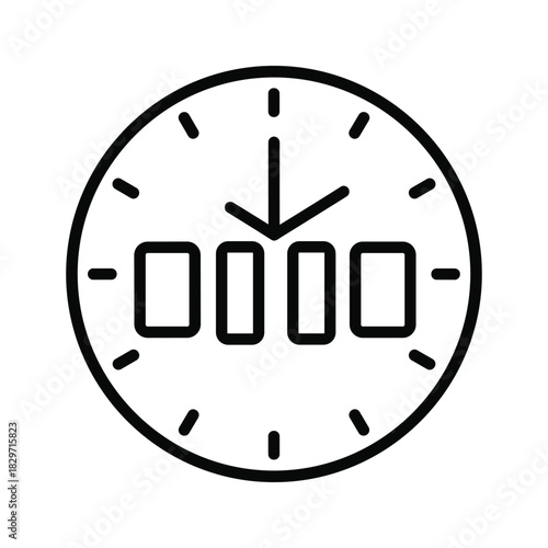 Black and white line art icon representing download progress or loading time on a clock face isolated on