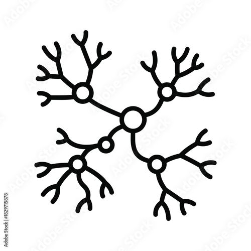 Simple black and white icon representing a neural network structure or complex branching system isolated on