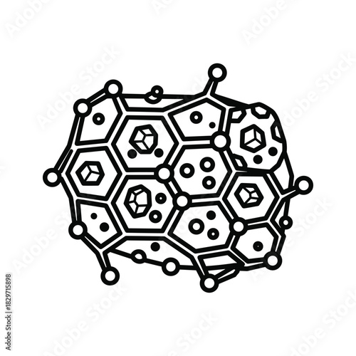 Black and white line art icon representing a complex molecular structure or virus capsid, isolated on