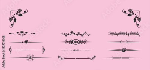 Decorative vintage floral ornament set, black vector swirl collection, baroque corner filigree elements, elegant text divider illustration, retro border design art. vector illustration.