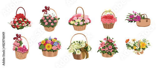 A beautiful collection of watercolor floral arrangements in rustic baskets, vases, and hanging macrame planters. vector illustration.