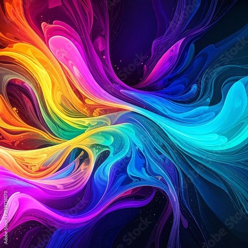A vibrant abstract background featuring a blend of swirling colors, including deep blues, bright oranges, and soft pinks, creating a dynamic visual flow.