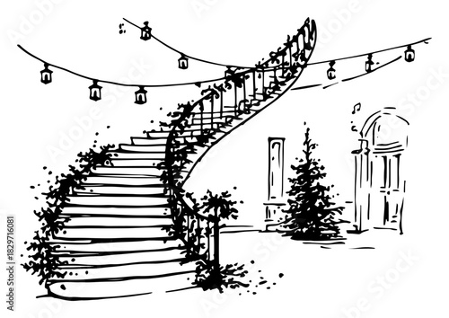 Rough hand drawn scribble sketch of decorated spiral staircase with hanging lanterns vector illustration