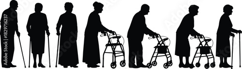 Horizontal Silhouettes of Diverse Elderly Men and Women Showcasing Various Mobility Aids, Including Canes and Walkers, Symbolizing the Spectrum of G